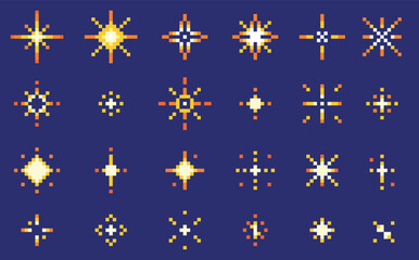 Pixel star 8bit icons. 80s retro sparks pixel art, sparkle emoji. Video arcade game pixelated firework burst, magic night space twinkle. Yellow 90s y2k starburst, golden color flash vfx. Vector set