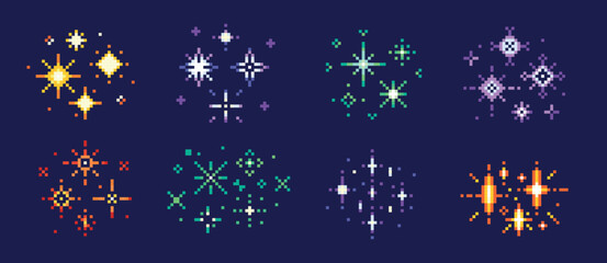 Pixel firework. Y2k video game starburst, birthday party glitter, retro arcade game 80s effect, Christmas, New Year twinkling star, firecracker burst pixel art. 4 July carnival decoration vector set