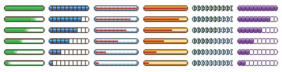 8bit loading progress bar. Retro video game download process indicator, health meter, status level for arcade gaming dashboard. 16bit 80s vintage videogame pixelated UI elements. Vector isolated set