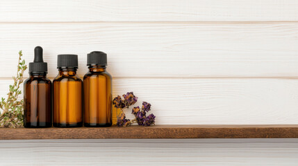 Herbal apothecary shelf with amber glass bottles containing essential oils and dried purple flowers for natural wellness