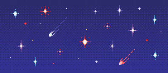 Pixel night sky 8bit game background. Arcade space retro pattern with twinkle stars, 16bit universe videogame wallpaper. 2d blue galaxy, meteor, comet. Vector pixelated interstellar starry skyscape