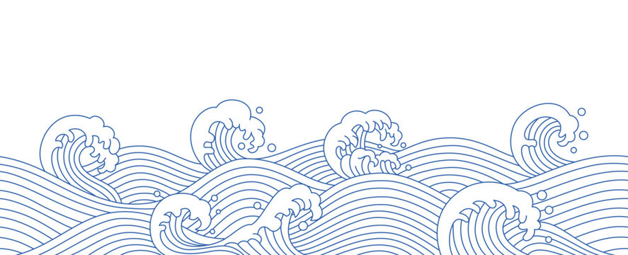 Japanese sea wave seamless border. Ocean water flow in traditional oriental style, seascape tide crest with foam and splashes. Horizontal marine line header or divider, vector isolated waves banner