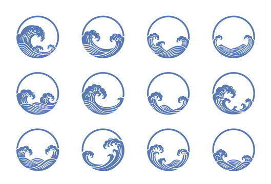 Japanese sea wave outline round labels. Ocean waves tattoo, logo emblem. Fresh water splashes nautical decoration, hand drawn wavy pattern. Vintage Chinese oriental badges. Vector isolated set