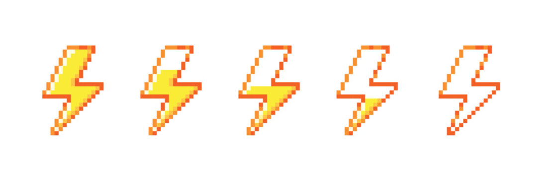 Pixel lightning energy bar. 8bit battery power charge interface indicator, videogame health status. Thunderbolt progress levels. Retro 80s arcade game UI pixelated element. Vector isolated set