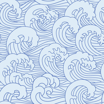 Sea wave Japanese seamless pattern. Ocean water abstract ornament, chinese decorative fabric line geometric background. Vintage oriental waves print. Nautical Ukiyo-e repeat wallpaper vector texture