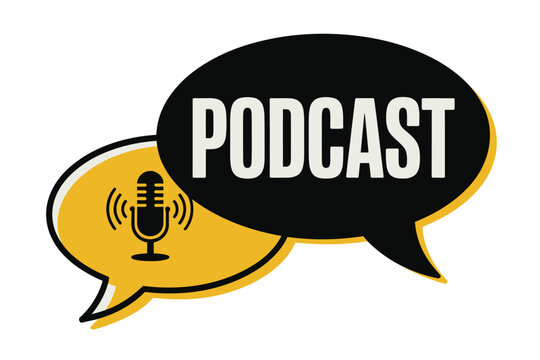 Podcast logo with speech bubbles and microphone icon on white background