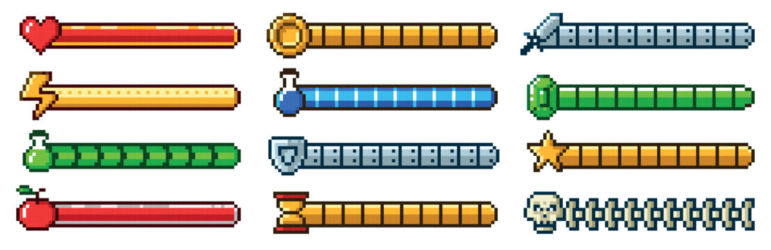 Pixel progress bar. 8bit retro arcade game status indicator, rpg gaming pixelated interface. Health meter, stamina or energy level, weapon and coin symbols. Potion, shield and heart, skull vector set