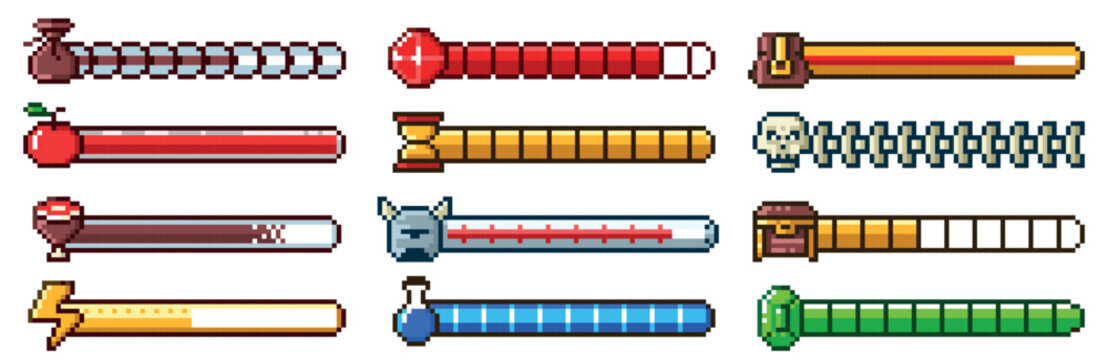 Pixel progress bar. 8bit 80s arcade game status indicator, rpg gaming pixelated UI. Health meter, energy level, hourglass and food symbols. Emerald, helmet and treasures chest, skull. Vector set