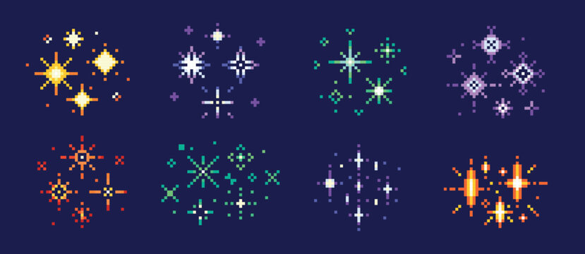 Pixel firework. Y2k video game starburst, birthday party glitter, retro arcade game 80s effect, Christmas, New Year twinkling star, firecracker burst pixel art. 4 July carnival decoration vector set