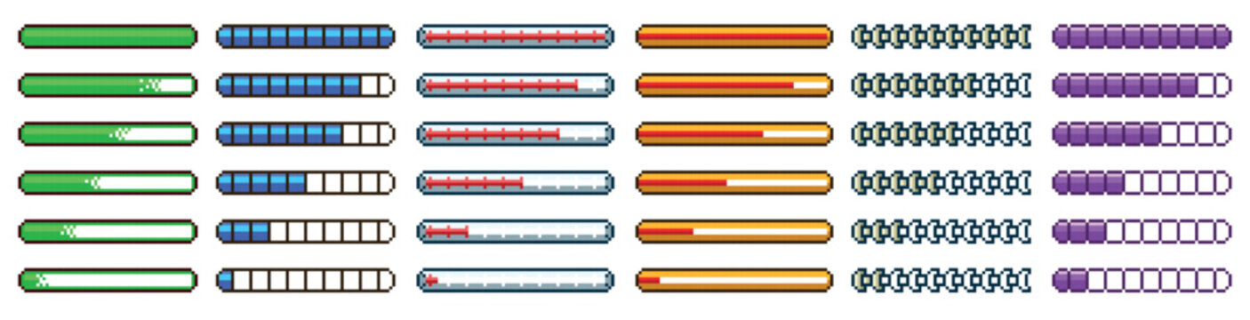 8bit loading progress bar. Retro video game download process indicator, health meter, status level for arcade gaming dashboard. 16bit 80s vintage videogame pixelated UI elements. Vector isolated set