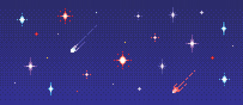 Pixel night sky 8bit game background. Arcade space retro pattern with twinkle stars, 16bit universe videogame wallpaper. 2d blue galaxy, meteor, comet. Vector pixelated interstellar starry skyscape