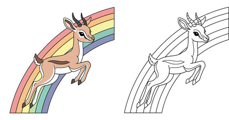 Fototapeta premium Cute cartoon gazelle leaping with pastel rainbow, happy antelope vector illustration for kids, wild animal character design, nursery wall art