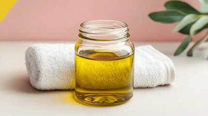 Castor oil in glass jar with white towel and green plant for skincare routine and natural beauty care at home