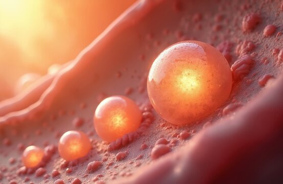 Microscopic view of developing egg cells or ova in biological tissue. Tiny spherical structures glow with internal light, showing growth, maturation stages within reddish environment, science concept.