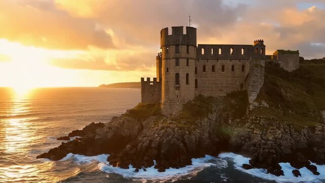 Beautiful st michaels mount castle at sunset on a rocky coastline with splashing waves in cornwall england