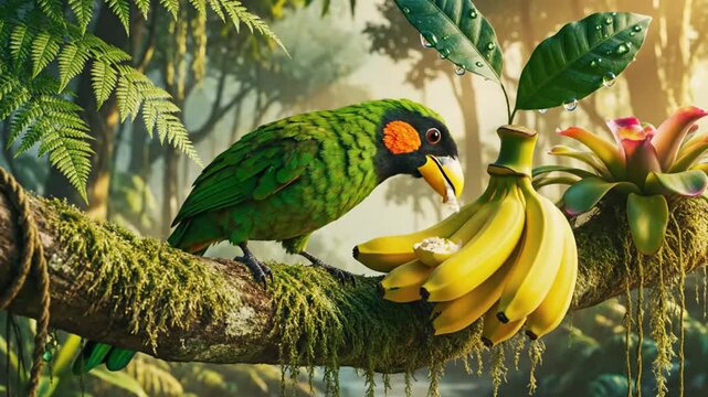 Cheerful pirate invites you to adventure with a parrot, sun, and rainbow in a tropical paradise.