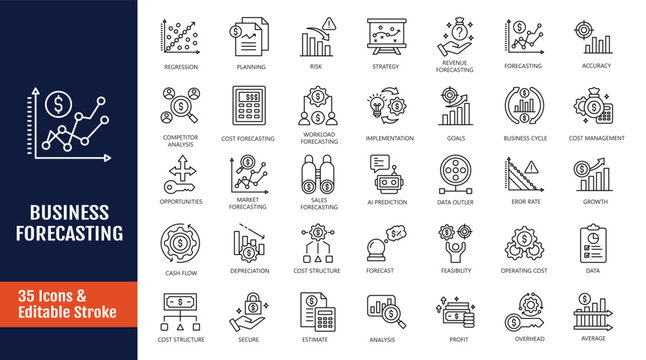 Business forecasting icon set. Icons related to prediction, analyze, data, trend, budgeting, accuracy, strategy and more. Outline icon with Editable stroke. Vector illustration