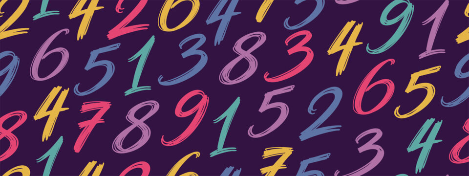 Seamless pattern with colorful hand drawn numbers from 0 to 9 on dark background. Modern brush style digits scattered randomly. Creative typography background for education, kids design, posters and w