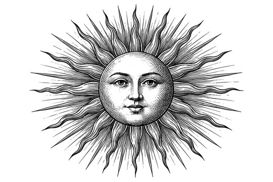 Vintage sun with radiant face in retro hand-drawn style