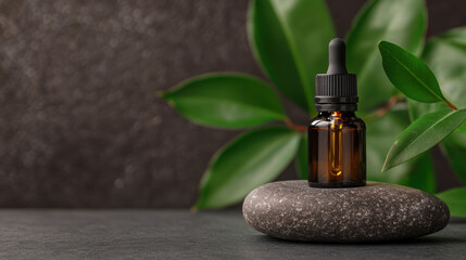 Essential oil bottle with dropper on smooth stone and green leaves, creating calm and natural spa atmosphere for relaxation and wellness