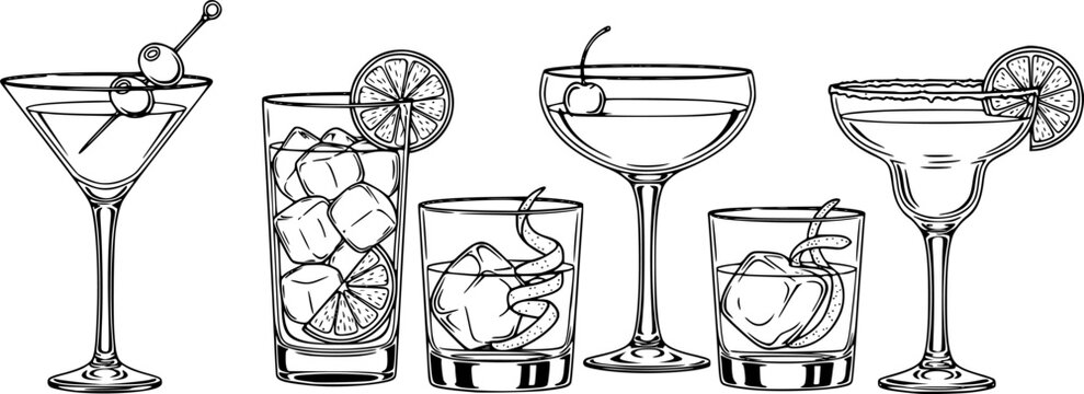 Assorted cocktails collection vector black and white illustration. Various drinks in different glasses with garnishes.
