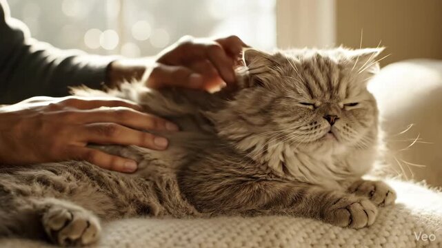 Calm cat being petted closeup for minimal lifestyle and clean copy, wide composition with clean copy space,soft natural light and realistic lens behavior,gentle camera movement,calm minimalist mood