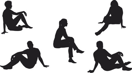 Collection of seated human silhouettes in relaxed ground poses, showing natural sitting positions with crossed legs, leaning arms, and upright postures for design,  ergonomics concepts. © MD MIJANUR