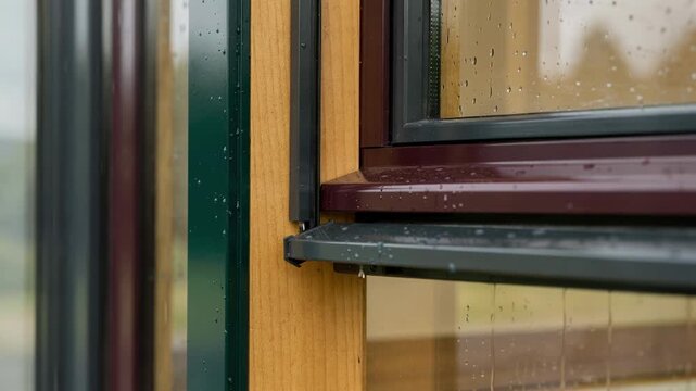 Closeup medium shot of colorcoated aluminum clad windows featuring vibrant exterior finishes combined with rich wood interiors blending style with robust weather protection.