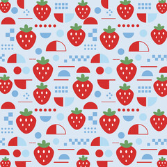 苺と幾何学モチーフのシームレスパターン（ブルー）：赤い苺とブルーの幾何学モチーフを組み合わせた、北欧テイストのシームレスパターン。大人かわいい配色で、デザインペーパー、ポストカード、マスキングテープ、マスキングシールブックタイプ、フレークシール、ノートの表紙などに最適。海外向けにも使いやすいミニマルで洗練された背景素材。