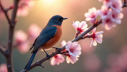 Small bird with orange chest perches on blooming pink cherry tree branch. Soft sunlight illuminates delicate petals and bird feathers. Springtime nature scene with vibrant colors and tranquil mood.