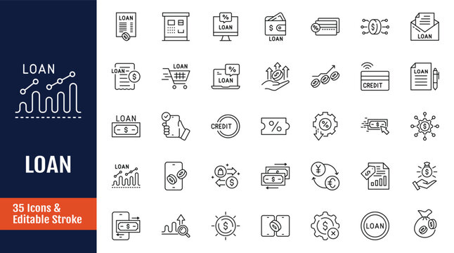 Loan line editable icon set. Icon related to loan, credit, Borrow, money, Mortgage, leasing, income, banking and more. Outline icon with Editable stroke. Vector illustration