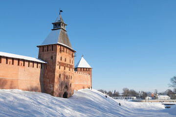 A frosty February day at the ancient Spasskaya Tower of the Novgorod Kremlin. Veliky Novgorod, Russia
