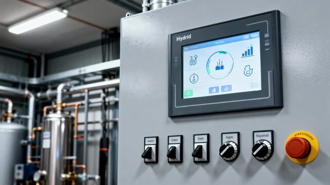 Medium shot showcasing a hybrid control panel combining digital touch screens and traditional switches for efficient hydronic system management.