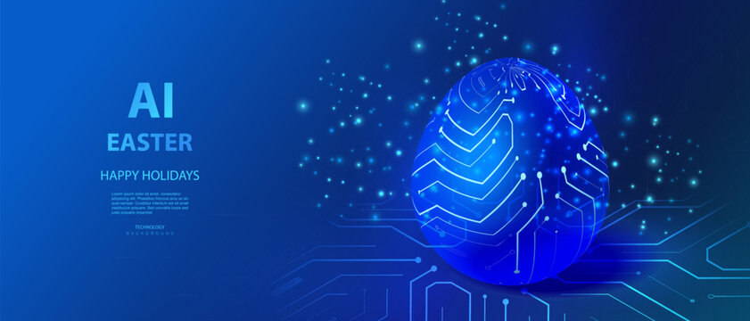 Easter AI holiday card in technology style with circuit lighting lines on egg. Isometric futuristic electric easter egg vector banner in blue tones. Happy tech holiday.	