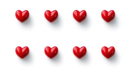 Fototapeta premium Nine red hearts arranged in a grid on a white background