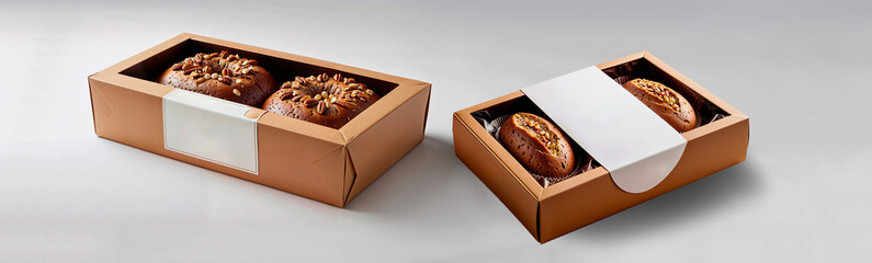Brown cake packaging mockup with two designs on clean background