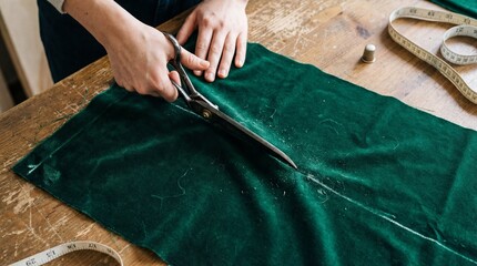 Overhead View of Tailor Hands Using Professional Fabric Shears to Cut Precision Line Through Velvet
