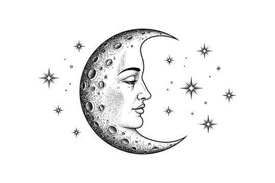 Vintage moon profile with stars and detailed celestial engraving