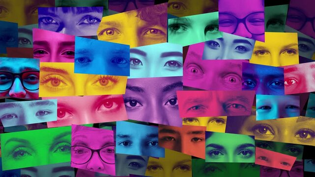 Creative video ad. Multicultural eyes collage in vibrant duotone patchwork layout. Concept of identity exploration, privacy themes, digital security and inclusive social communication visuals.