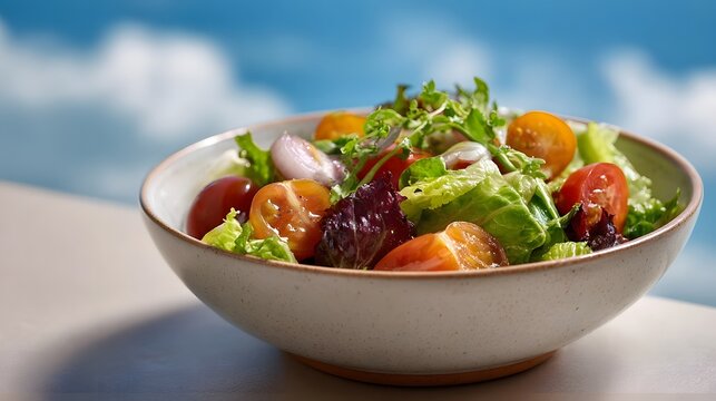 A vibrant and fresh salad filled with colorful vegetables served in a bowl outdoors against a bright blue sky with soft clouds