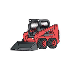 An illustration of a red skid steer loader with a black bucket outdoors.