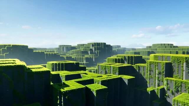 Geometric maze landscape with green overgrowth and bright blue skies revealing a complex structure and abstract shapes