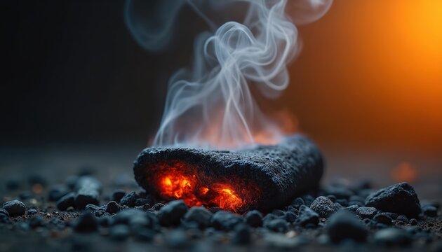 Hot glowing charcoal lump smolders with smoke rising. Fiery embers emit orange light against dark background. Burning fuel produces heat and energy.