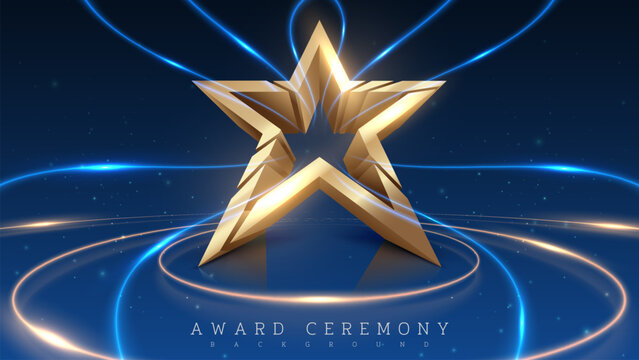 Elegant 3D star display stand with sparkling decoration and bright blue spotlights. Ideal for award ceremonies, celebrations and recognition events. Vector illustration.