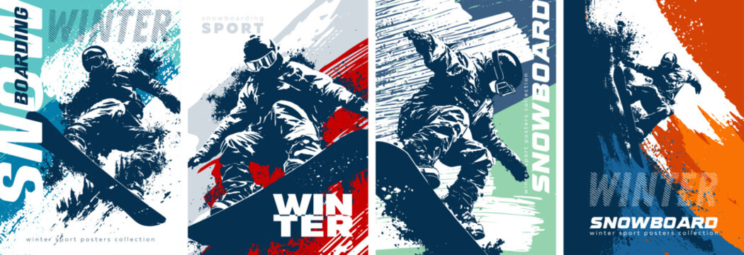 Grunge-style poster dedicated to snowboarding and winter sports. A snowboarder in an abstract style. Vector templates for postcards, posters, flyers, banners and other materials.