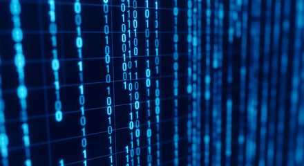 Fototapeta premium Binary code digital data stream with blue glowing numbers and blurred background representing technology and information flow with a futuristic and abstract visual effect