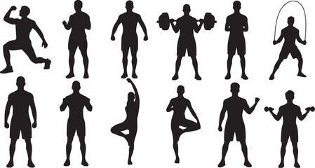 Obraz premium Silhouettes of people exercising in various fitness poses and activities