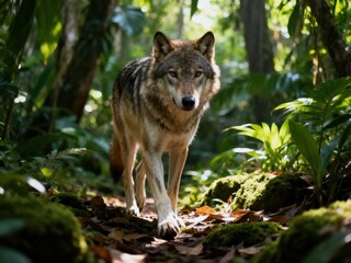 Grey wolf strolling through sun-dappled forest path