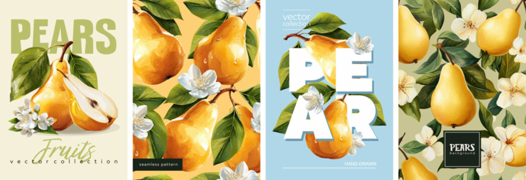 Hand drawn set of designs and patterns. Vectorized gouache illustrations. Illustrations of yellow pears with flowers and leaves for poster, prints, menu, card or textile