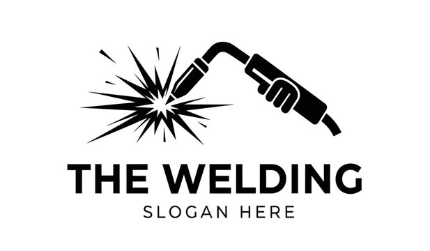 Black and white logo of a welding torch with sparks and text